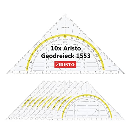 Aristo AR1553 Geodreieck mit festem Griff (Hypotenuse 16 cm, Tuschenoppen, Facette an der Hypotenuse, Plexiglas mit Tiefenprägung, Made in Austria) transparent, 10 Stück von Aristo