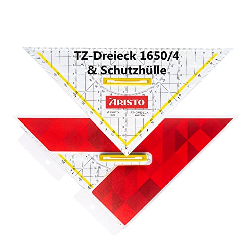 Aristo AR17679B TZ-Dreieck AR1650/4 mit passender Geosaver Schutzhülle (Dreieck Hypotenuse 25cm, Tuschenoppen und Facetten, lösbarer Griff, Hülle mit Ordnerleiste, Kunststoff) rot, transparent von Aristo