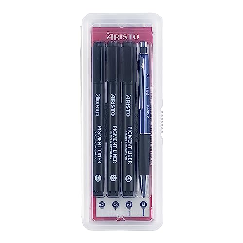 Aristo AR23539 Pigment Liner Kreativ-Set 4-teilig (3 Fineliner in den Strichstärken 0,05 mm / 0,40 mm / 0,80 mm mit hochpigmentierter schwarzer Tinte & 1 Feinminenstift 3Fit 1,3 mm) schwarz von Aristo