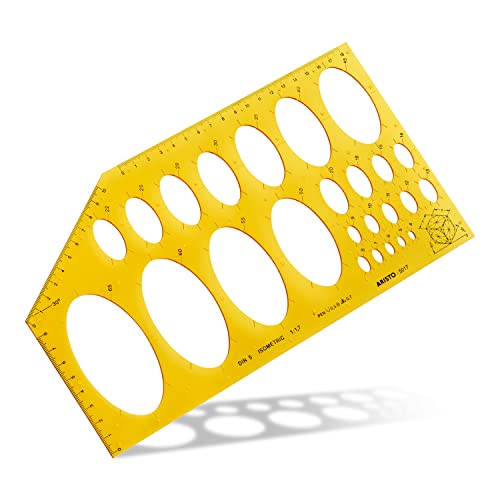Aristo AR5017 Ellipsenschablone Isometric (25 Ellipsen auf isometrischen Achsen, Durchmesser 4 bis 65mm, Tuschenoppen, formstabiler Kunststoff) orange-transparent von Jovi