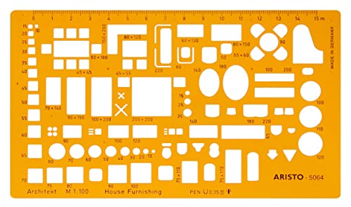 Aristo AR5064 Möblierungsschablone Architekt (1:100, Darstellung von Einrichtungsplänen, Tuschenoppen, formstabiler PET-Kunststoff) orange-transparent von Aristo