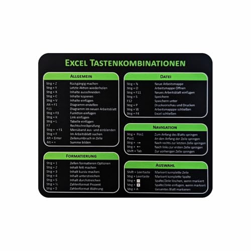Arkero-G Mauspad - Excel Shortcuts Mouse Pad Tastaturkürzel Büro/Office Mauspad 24 x20 x 0,3 cm rutschfeste Design Tisch-Unterlage (Excel) von Arkero-G