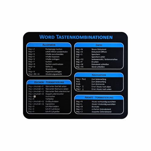 Arkero-G Mauspad - Word Shortcuts Mouse Pad Tastaturkürzel Büro/Office Mauspad 24 x20 x 0,3 cm rutschfeste Design Tisch-Unterlage (Word) von Arkero-G