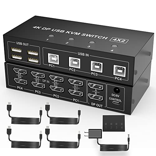 4 Port KVM Switch Dual Monitor Displayport 4K 60Hz, KVM Switch 2 Monitore 4 Computer mit 4 USB 2.0 Hub, Dual Monitor Displayport KVM Switch Keyboard Mouse Switcher von Arkidyn Plus