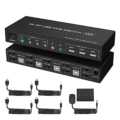 4 Port KVM Switch Dual Monitor Displayport 4K 60Hz, KVM Switch 2 Monitors 4 Computers with 3 USB 2.0 Ports and with Audio Microphone Output, DP Monitor Switch for 4 PCs 2 Monitors von Arkidyn Plus
