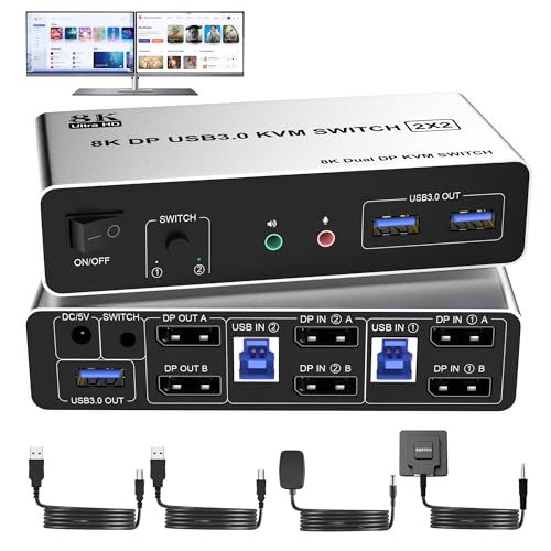 8K@60Hz DisplayPort KVM Switch 2 PC 2 Monitore 4K@120Hz DP 1.4 USB 3.0 KVM Switches für 2 Computer mit 3 USB Anschlüssen und Audio Mikrofon Ausgang von Arkidyn Plus