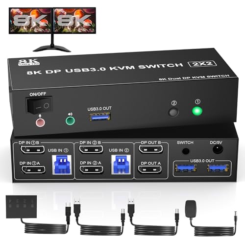 8K@60Hz USB 3.0 Displayport KVM Switch 2 PC 2 Monitore, DP 1.4 Dual Monitor KVM Switch mit Audio Mikrofon Ausgang und 3 USB 3.0 Geräten, Desktop-Controller und 2 USB Kabel von Arkidyn Plus