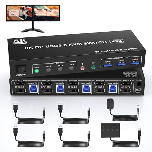 8K Displayport USB 3.0 KVM Switch 4PC 2 Monitore 8K@60Hz 4K@144Hz, 4 Port KVM Switch Dual Monitor Displayport mit Audio-Mikrofon-Ausgang und 3 USB 3.0-Anschlüssen, DP Monitor Switch von Arkidyn Plus