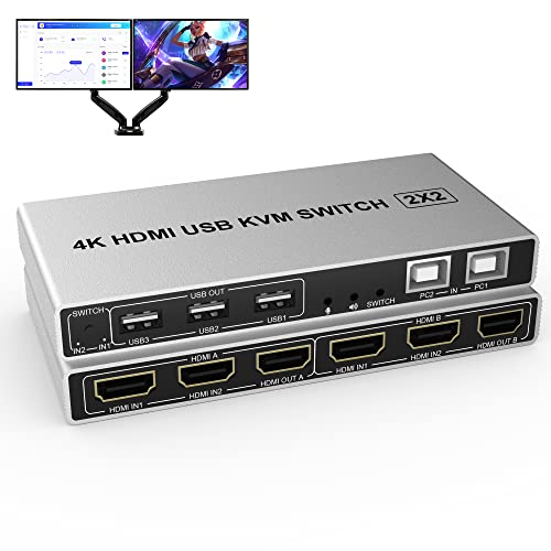Dual Monitor KVM Switch 4K@60Hz 2 Port, USB HDMI Extended Display Switcher für 2 Computer teilen sich 2 Monitore mit Audiomikrofonausgang und 3 USB 2.0 Hub von Arkidyn Plus