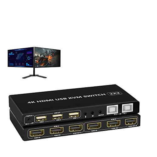 Dual Monitor KVM Switch 4K@60Hz 2 Port Extended Display, Dual Monitor KVM Switch 2 in 2 Out mit Audio Mikrofon Ausgang und 3 USB 2.0 Hub, 2 HDMI Monitore 2 Computer Dual Monitor Switch von Arkidyn Plus