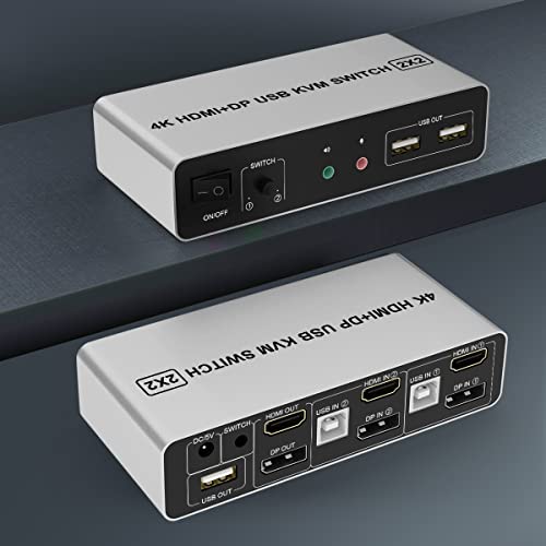Dual Monitor KVM Switch HDMI + DisplayPort 2 Port, Unterstützt EDID, 4K@60Hz Extended Display KVM Switch 2 Monitore 2 Computer mit Audio Mikrofon Ausgang und 3 USB Ports, PC Monitor KVM Switcher von Arkidyn Plus