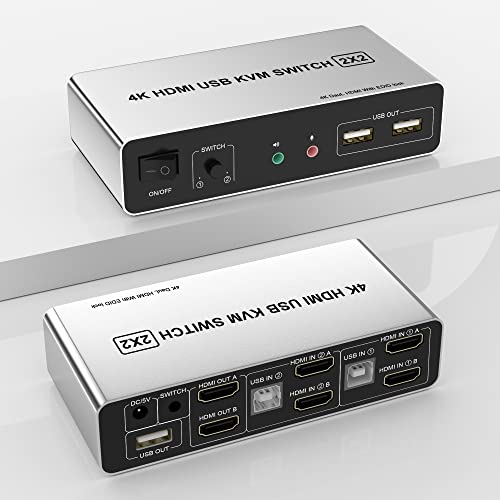 Dual Monitor KVM Switch HDMI 2 Port, Unterstützt EDID, 4K@60Hz HDMI kvm switch für 2 pc auf 2 monitore mit 3 USB 2.0 Ports und Audio Mikrofon Ausgang, 2 pc 2 monitor switch von Arkidyn Plus