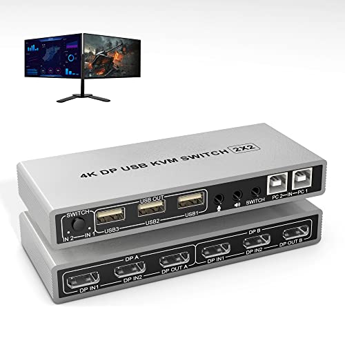 KVM Switch Dual Monitor DisplayPort 4K@60Hz Extended Display, DP 1.2 KVM Switch 2 in 2 Out mit Audio Mikrofon Ausgang und 3 USB 2.0 Hub, PC 2 Monitore Keyboard Mouse Switcher mit 2 USB Kabeln von Arkidyn Plus