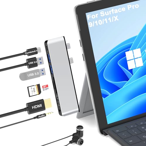 Surface Pro 9/10/11/X Zubehör, Surface Pro 9/10/11/X Docking Station mit 4K HDMI, USB-C Thunderbolt 4 (Display+Daten+100W PD), 2 USB 3.0, 3.5mm Audio, SD/TF Kartenleser für Surface Pro 9/10/11/X von Arkidyn Plus