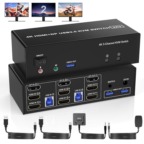 USB 3.0 DisplayPort + 2 HDMI KVM Switch 3 Monitore 2 Computer, 4K@60Hz Triple Monitor KVM Switch 2PC 3 monitore mit 3 USB 3.0 Ports und Audio Mikrofon, Tastatur Maus Umschalter von Arkidyn Plus