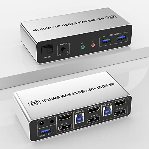 USB 3.0 DisplayPort + HDMI Dual Monitor KVM Switch for 2 Computers 4K@60Hz Extended Display 2 Ports KVM Switch 2 Monitore 2 Computer mit Audio Mikrofon Ausgang und 3 USB 3.0, PC Monitor KVM Switcher von Arkidyn Plus