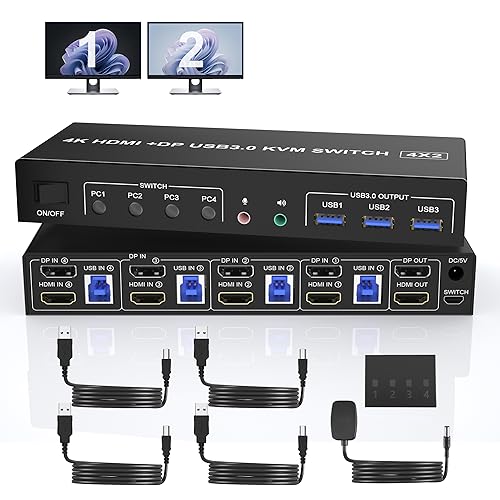 USB 3.0 Displayport+HDMI Dual Monitore KVM Switch für 4 PCs, 4K 60Hz KVM Switch 4 PC 2 Monitore, mit Audio Mikrofon Ausgang und 3 USB 3.0 Ports, Dual Monitor KVM Switch HDMI Displayport 4 Port von Arkidyn Plus