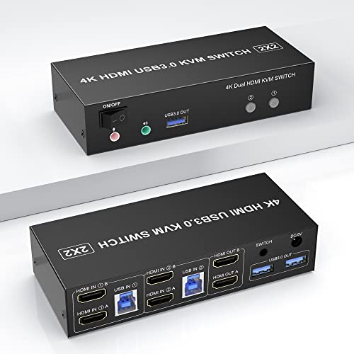 USB 3.0 HDMI Dual Monitor KVM Switch 2 Port, 4K@60Hz HDMI KVM Switch für 2 Computer teilen sich 2 Monitore und 3 USB 3.0 Ports, Audio Mikrofon Ausgang von Arkidyn Plus