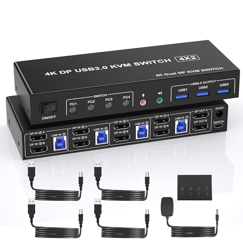 USB 3.0 KVM Switch 4PC 2 Monitore Displayport 4K 60Hz, 4 Port KVM Switch Dual Monitor Displayport mit Audio-Mikrofon-Ausgang und 3 USB 3.0-Anschlüssen, DP Monitor Switch für 4 PCs und 2 Monitore von Arkidyn Plus