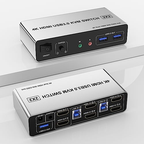 USB 3.0 KVM Switch Dual Monitor HDMI 2 Port, Unterstützt EDID, 4K@60Hz KVM Switch für 2 PC auf 2 Monitore mit 3 USB 3.0 Ports und Audio Mikrofon Ausgang, PC Monitor Tastatur Maus Switcher von Arkidyn Plus