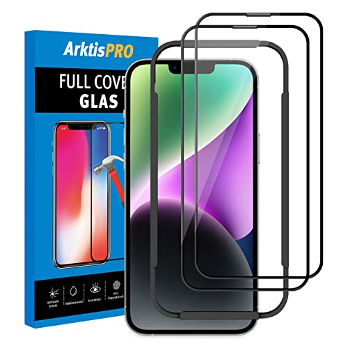 Arktis Glas-Displayschutz kompatibel mit iPhone 14 (6,1") 2er Set, Schutzglas [3D Full Cover] Rahmen aus widerstandsfähigem Harz, Staubschutzgitter, hüllenfreundlich, blasenfrei, mit Aufbringhilfe von Arktis