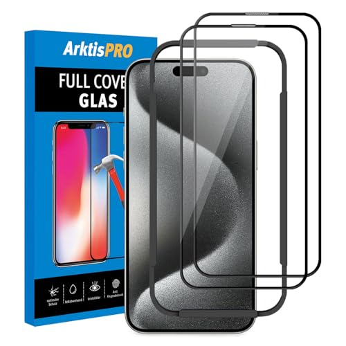 Arktis Glas-Displayschutz kompatibel mit iPhone 15 Pro (6,1"), Schutzglas [3D Full Cover] Rahmen aus widerstandsfähigem Harz, hüllenfreundlich, blasenfrei, mit Aufbringhilfe (1) von Arktis