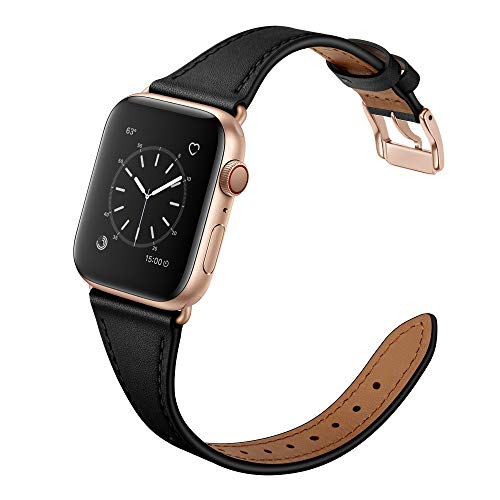 Arktis Lederarmband für Frauen kompatibel mit Apple Watch (Apple Watch Ultra 1/2 49 mm) (Series 7 8 45 mm) (Series SE 6 5 4 44 mm) (Series 3 2 1 42 mm) [Echtes Leder] mit Edelstahlschließe - Schwarz von Arktis