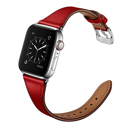 Arktis Lederarmband für Frauen kompatibel mit Apple Watch (Apple Watch Ultra 1/2 49 mm) (Series 7 8 9 45 mm) (Series SE 6 5 4 44 mm) (Series 3 2 1 42 mm) [Echtes Leder] mit Edelstahlschließe - Rot von Arktis