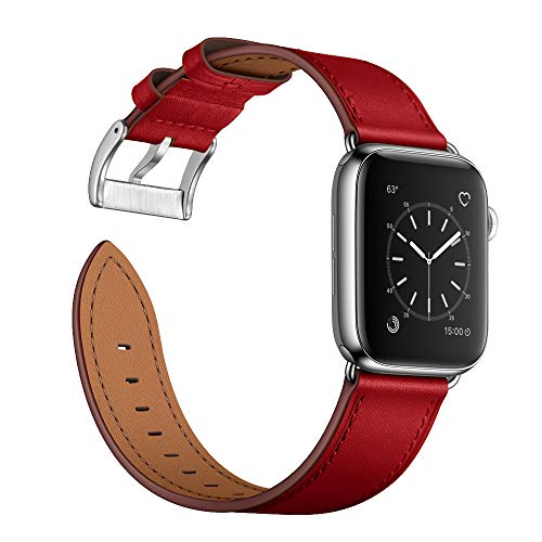 Arktis Lederarmband kompatibel mit Apple Watch (Apple Watch Ultra 1/2 49 mm) (Series 7 8 9 45 mm) (Series SE 6 5 4 44 mm) (Series 3 2 1 42 mm) Wechselarmband [Echtleder] - Rot von Arktis