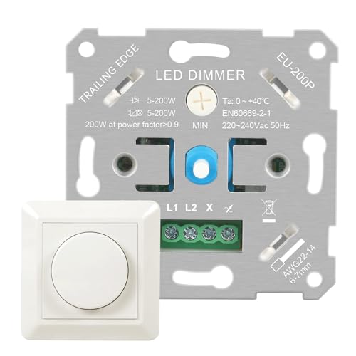 Aroidful Dimmer Schalter 5W-200W Led dimmer mit phasenanschnitt AC 220-240V Rotary LED dimmer, leise und geräuschlos für dimmbare LED Lampen, Glühlampe und Halogenlampe, Cremeweiß Aroidful Dimmer Schalter 5W-200W Led dimmer mit phasenanschnitt AC 220-240V Rotary LED dimmer, leise und geräuschlos für dimmbare LED Lampen, Glühlampe und Halogenlampe, Cremeweiß von Aroidful