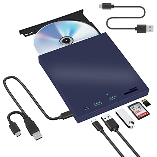 Arozxin Externer CD-/DVD-Laufwerk, externer DVD-/CD-Brenner USB 3.0 und Typ-C mit SD-/TF-Kartenleser und USB, DVD-ROM, CD-RW, VCD für Windows 7/8/10/Vista/XP/Mac OS, Laptop, Desktops von Arozxin