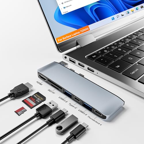 Surface Laptop 7 Docking Station,Surface Laptop 7-Adapter mit 4K HDMI,Thunderbolt 4(8K-Video+40G Daten+100W Leistung),Typ C,2 x USB 3.0, SD TF-Kartenleser,Dreifach-Display für Surface Laptop 7 (2024) von Arsandyn