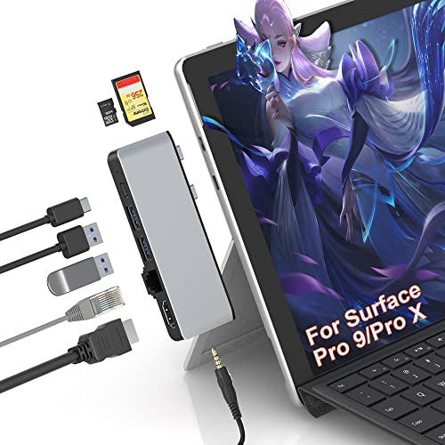 Surface Pro 9 Docking Station, Surface Pro 9 Hub Adapter mit 100 Mbps LAN+4K HDMI+100W USB-C Thunderbolt 4 (Display+Daten+PD)+USB 3.0+Audio+SD/TF Kartenleser für Surface Pro 9/Pro X von Arsandyn