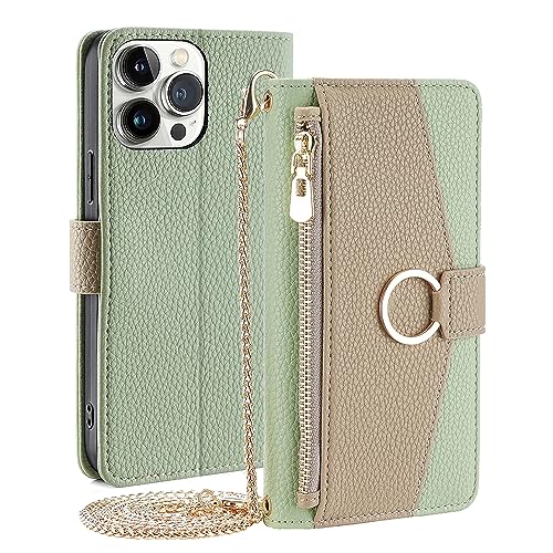 Arseaiy Schutzhülle für Huawei P20 Lite/Nova3e, Klapphülle mit Crossbody-Gurt, magnetischer Reißverschlusstasche, Make-up-Spiegel, PU-Leder, stoßfest, mit Ständer, Grün von Arseaiy