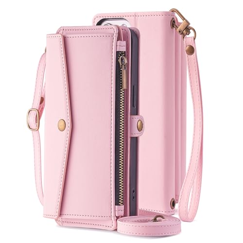 Arseaiy Schutzhülle für Motorola Moto Edge 40 Neo 5G, PU-Leder, mit Kartenhalter, Crossbody-Gurt, Handtasche, Reißverschlusstasche, stoßfest, magnetisch, für Damen und Herren, Rosa von Arseaiy