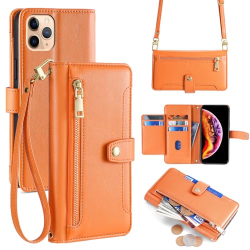 Arseaiy Schutzhülle für OnePlus 10 Pro 5G, Klapphülle mit verstellbarem Schultergurt, magnetisch, Handtasche, Reißverschluss, PU-Leder, stoßfeste Abdeckung mit Ständer, Handyhülle, Orange von Arseaiy