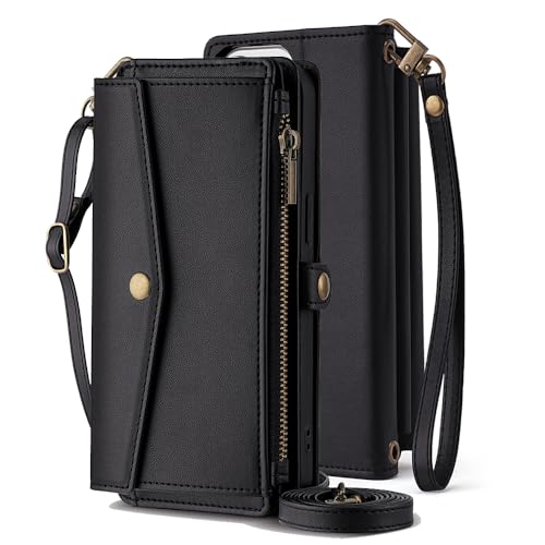 Arseaiy Schutzhülle für Oppo Reno Z, PU-Leder, mit Kartenhalter, Crossbody-Gurt, Handtasche, Reißverschlusstasche, stoßfest, magnetisch, für Damen und Herren, Schwarz von Arseaiy