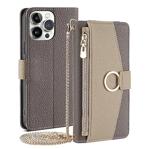 Arseaiy Schutzhülle für Samsung Galaxy A80/A90, Klapphülle mit Schultergurt, magnetischer Reißverschlusstasche, Make-up-Spiegel, PU-Leder, stoßfest, mit Ständer, Grau von Arseaiy
