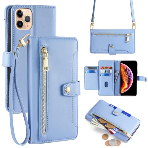 Arseaiy Schutzhülle für Samsung Galaxy A20S, Klapphülle mit Crossbody-Gurt, magnetischer Handtaschen-Reißverschlusstasche, PU-Leder, stoßfest, mit Ständer, Blau von Arseaiy