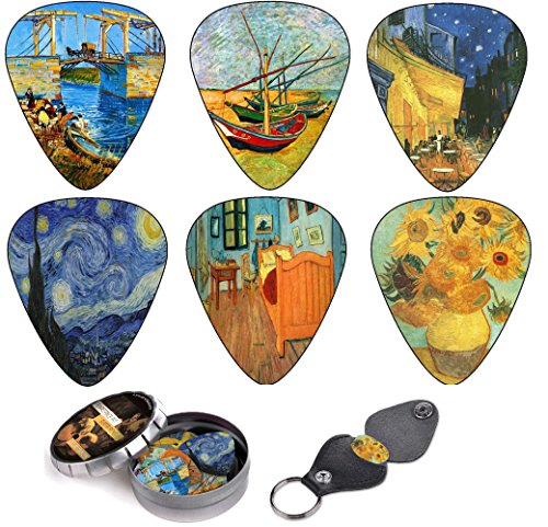 Vincent Van Gogh Gitarren Picks Premium Geschenkset - Celluloid Medium 12 Stück Packung W/Leder Schlüsselanhänger Picks Holder & Designed Tin Box - Bestes Geschenk für Gitarrist von Art Tribute