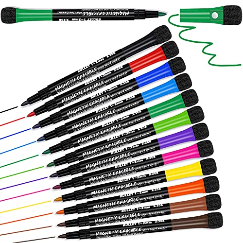 12 Whiteboard Marker - Whiteboard Stifte Folienstift Abwischbar, Magnetisch Dry Erase Marker mit Schwamm, Abwischbare Stifte Whiteboardmarker Dünn, Non Permanent Stift Wochenplaner Magnettafel Zubehör von Artbiu