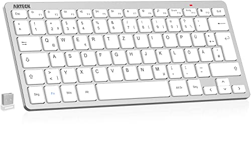Arteck Kabellose Tastatur, Deutsches QWERTZ Layout Kompakte USB 2,4 GHz Mini Kabellos Tastatur mit Multimedia-Tasten, Kompatibel mit PC, Notebook, Laptop, Windows 11, 10, 8 Silber von Arteck