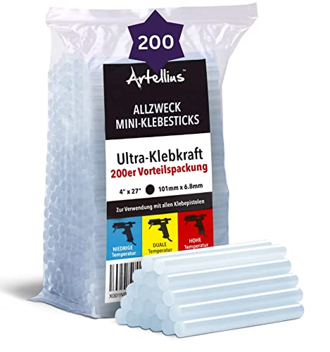 Artellius Heissklebesticks (Großpackung mit 200 Stück) Heißklebestifte 100mm x 7mm - Kompatibel mit den Meisten Klebepistolen - Transparente Heissklebestift für Heimwerken Reparieren Dekorieren von Artellius