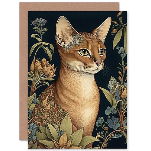 Artery8 Abyssinian Cat with Flowers Art Nouveau Modern Watercolour Illustration Art Birthday Sealed Greeting Card Plus Envelope Blank inside von Artery8
