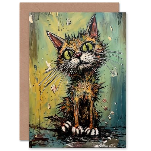 Alley Cat Stray Scruffy Moggie Oil Painting Art for Him or Her Man Woman Birthday Thank You Get Well Soon Blank Art Greeting Card von Artery8