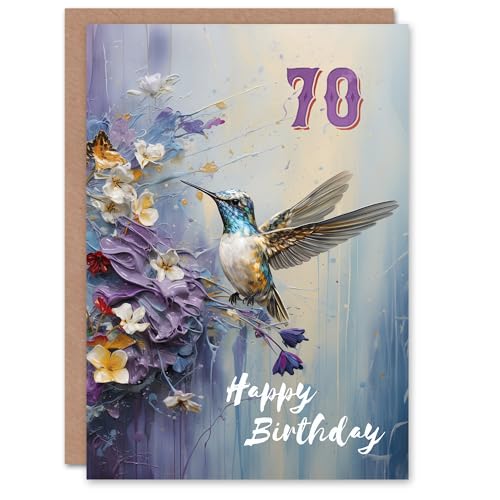 Artery8 70th Birthday Greeting Card Hummingbird Flowers Painting Age 70 For Her von Artery8