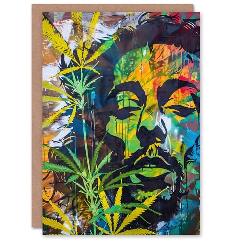 Artery8 Abstract Portrait Man in Weed Hemp Leaves Reggae Greeting Birthday Card Him Her All Blank von Artery8