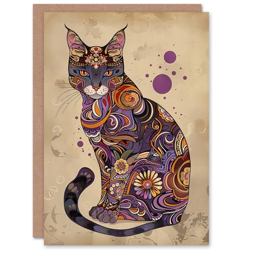 Artery8 Abyssinian Cat Lover Purple Orange Pattern Folk Art For Her Woman Birthday Card von Artery8