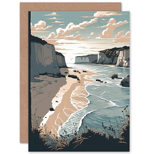 Artery8 Bay with Cliffs Pastel Colour Coastal Landscape Travel Birthday Sealed Greeting Card Plus Envelope Blank inside von Artery8