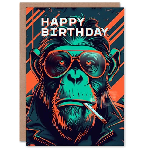 Artery8 Birthday Card Biker Chimp Neon Cyberpunk 1980s for Him Man Male Dad Brother Son Papa Grandad Greeting Card von Artery8